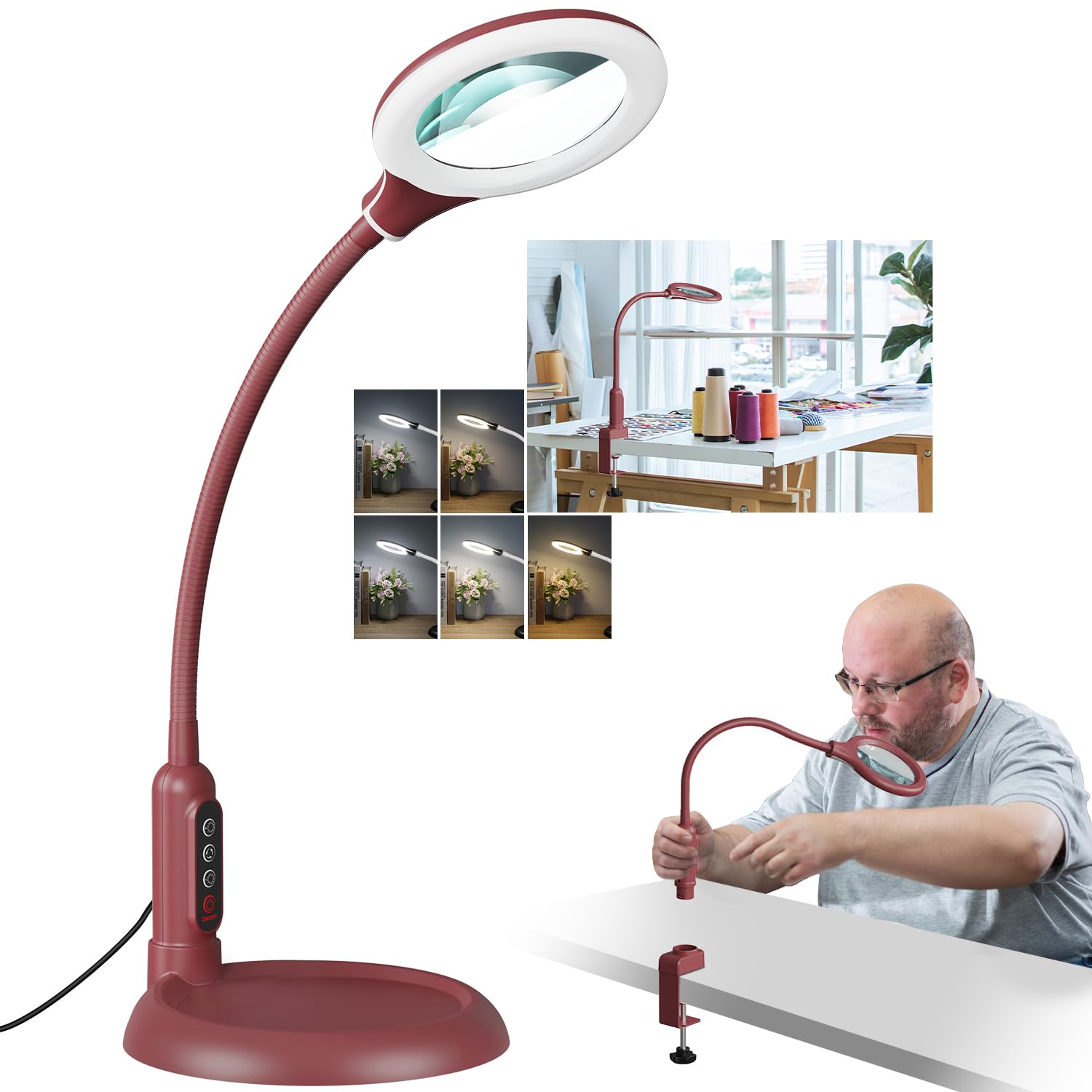 10-fache Lupe mit Licht und Ständer, LED 5 Farbmodi, Helligkeit, stufenloses Dimmen, beleuchtete Lupe, freihändig, flexible Schwanenhals-Schreibtischlampe mit Klemme für Naharbeiten, Handwerk, Hobby