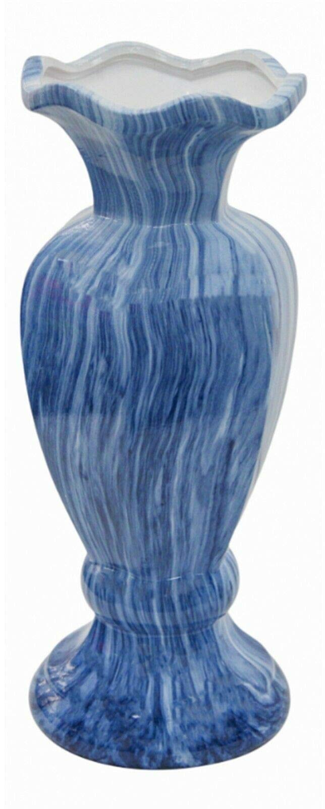Rammento 40cm Tall Ceramic Blue and White Marble Design Decorative Flower Vase - Shiny Finish, Wide Mouth Ideal for Dried or Artificial Flowers, Perfect for Bookshelf, Mantelpiece, or Side Table