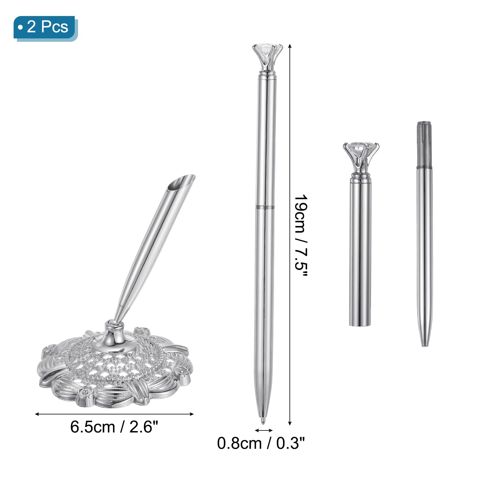 PATIKIL 2Set Small Diamond Wedding Pen Guest Book Pen with Holder,Silver Tone, 1 count (Pack of 2) - Image 2