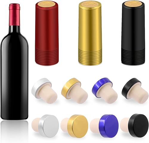 Glarks Juego de 54 tapones de corcho para botellas de vino y cápsulas termorretráctiles de PVC, 4 colores en forma de T y sellos de botellas de vino