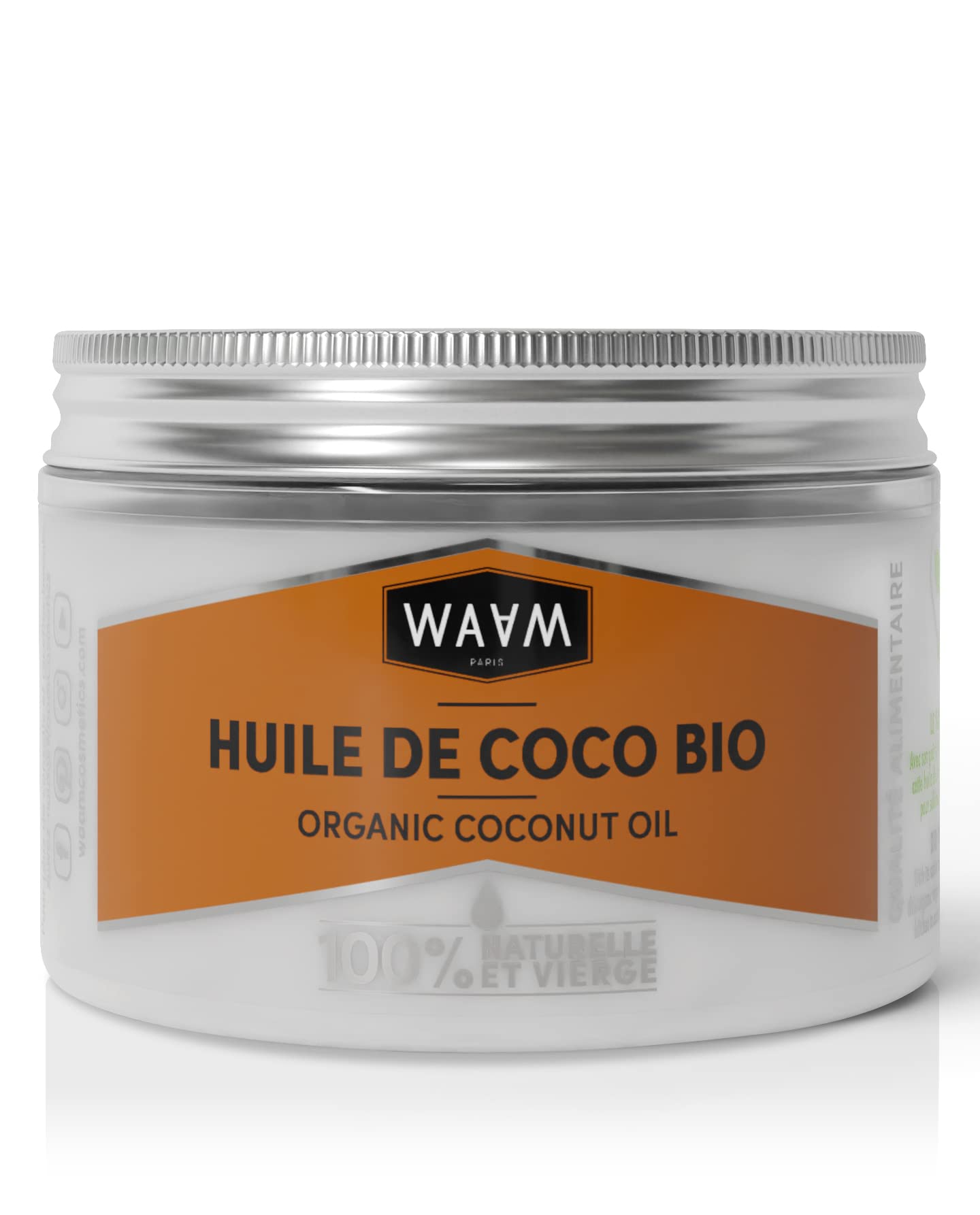 Waam Cosmetics – Huile végétale de Coco BIO en pot – 100% pure et naturelle – Première pression à froid – Cosmétique & Alimentaire – 350g
