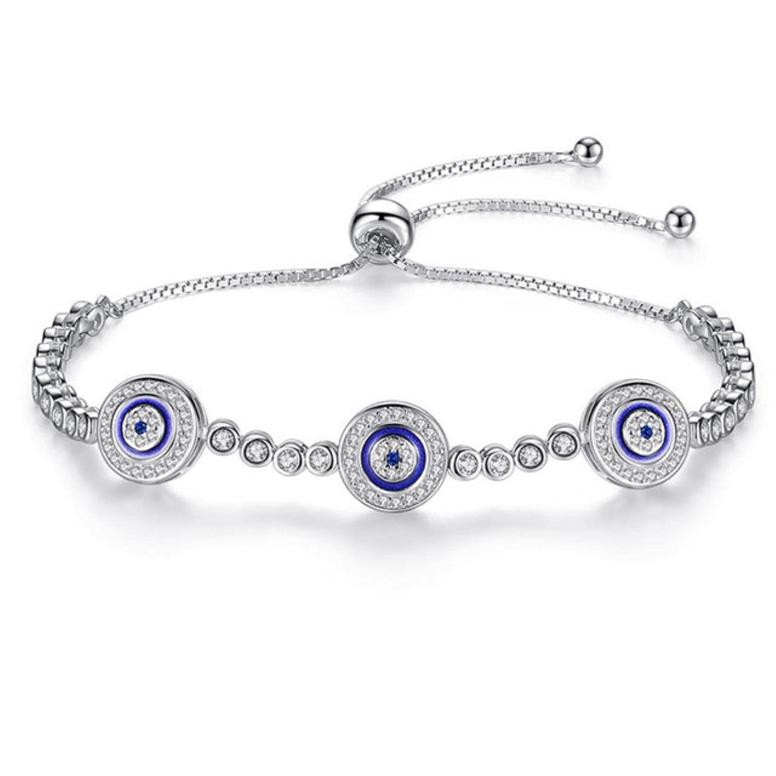 Weiting Women's White Gold Color Evil Eye Lucky Hamsa Bracelet Genuine 925 Sterling Silver Men Luxury Round Blue Eyes Cz Crystal Tennis Bracelet