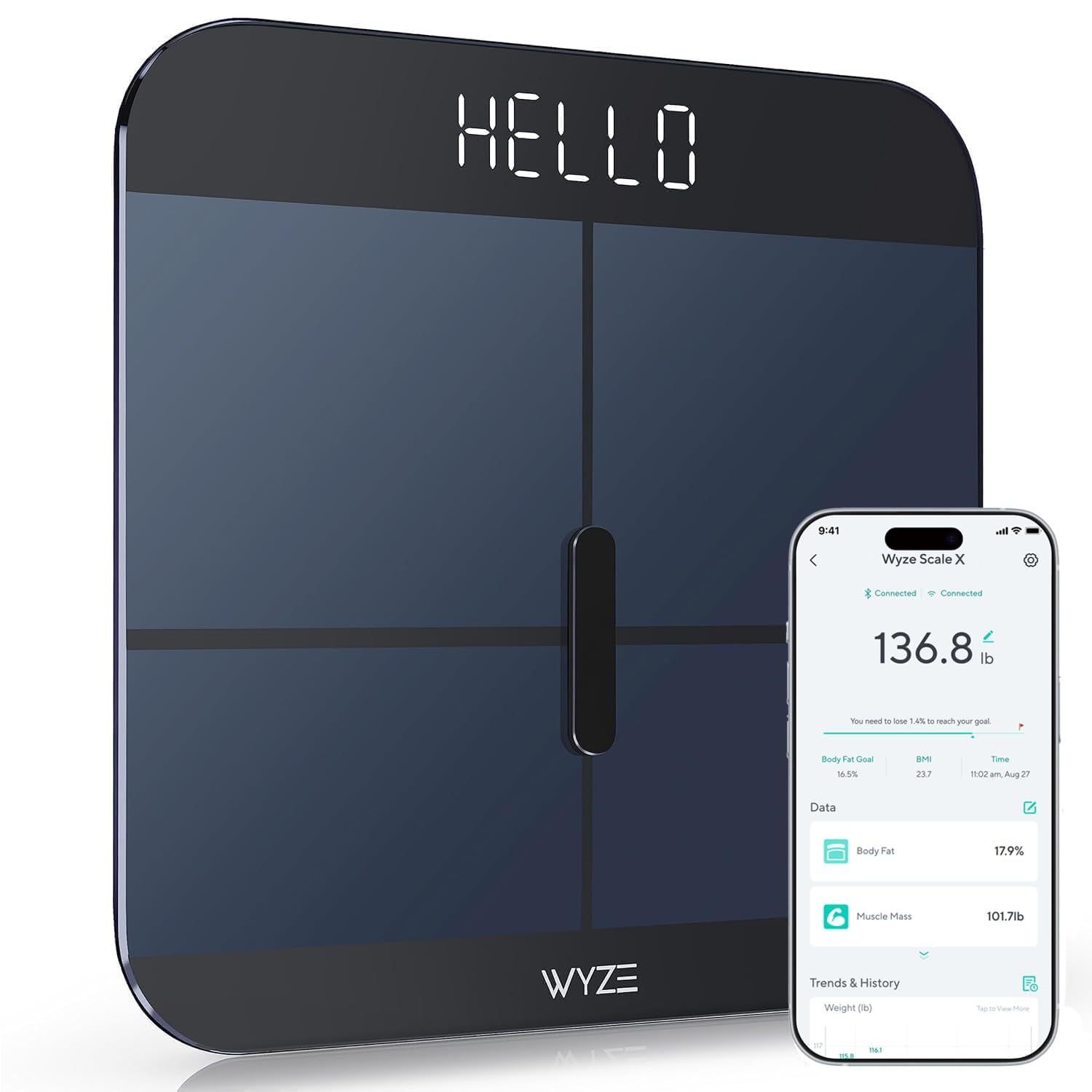 WYZE Smart Scale X for Body Weight, Digital Bathroom Scale for BMI, Body Fat, Water and Muscle, Heart Rate Monitor, Body Composition Analyzer for People, Baby, Pet, 400 lb, Blue