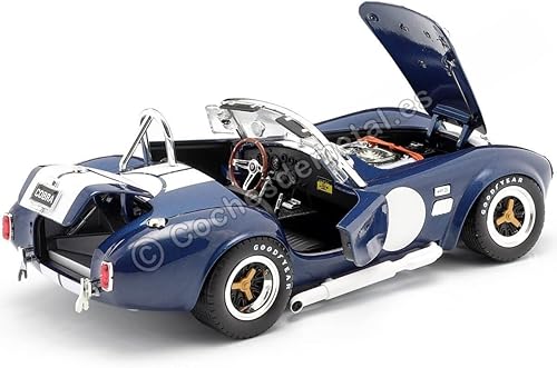 Miniatura 6 de 1965 Shelby Cobra 427 S/C Azul Oscuro Metálico con Rayas Blancas con Impreso Carroll Shelby's Signature on The Trunk 1/18 Modelo de coche fundido a