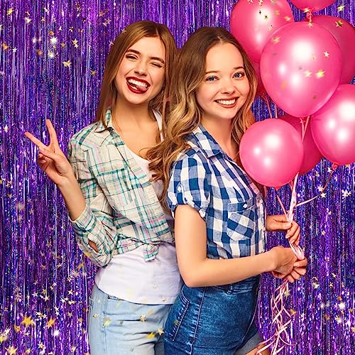 Purple Metallic Tinsel Foil Fringe Curtains, 4 Pack 3.3x8.3 Feet Party Streamer for Birthday Party Decorations, Halloween Decor, Foil Curtain for Bachelorette Party