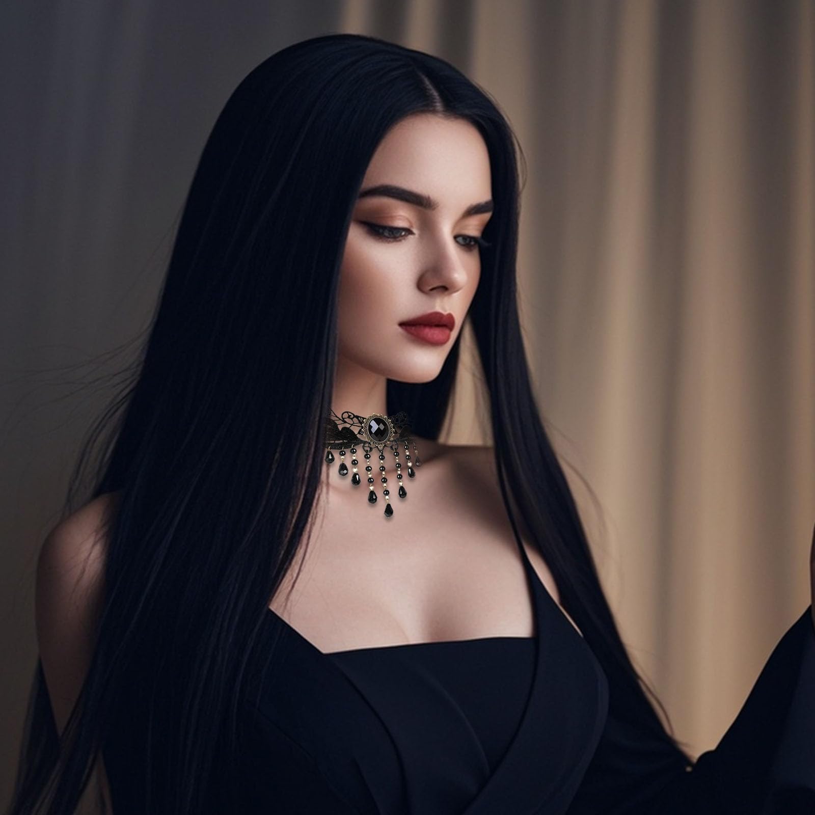 Peruka czarna kostium czarownicy dla kobiet z akcesoriami, kostium Morticia Addams na Cosplay, Halloween, karnawał i imprezy tematyczne