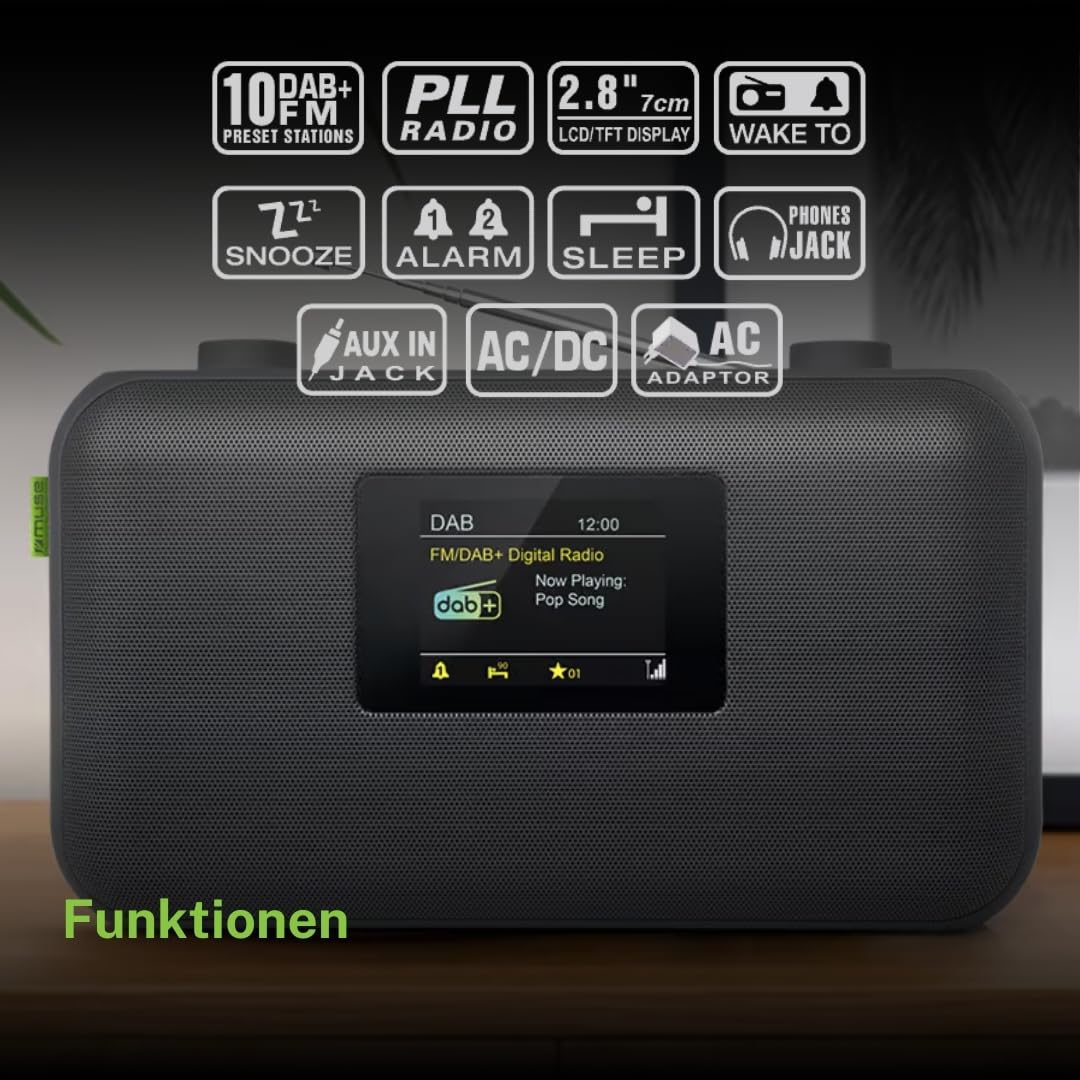 Muse Radio, Dab+ FM PLL, Pantalla LCD TFT, MUSE - (M-118 DB) Reloj, Alarma Doble, repetición, sueño s, función de presentación de Diapositivas, Gris Oscuro