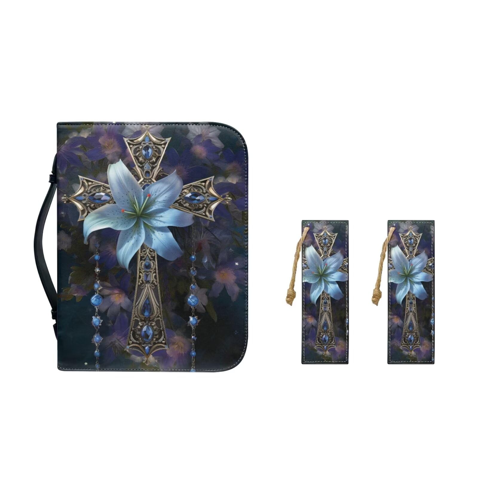 Suhoaziia Leather Bible Covers for Women Men Diamond Cross Floral Bible Case Bible Bag with Pockets Zipper Book Cover Study Bible Book Case with 2 Bookmarks 3Pcs Set