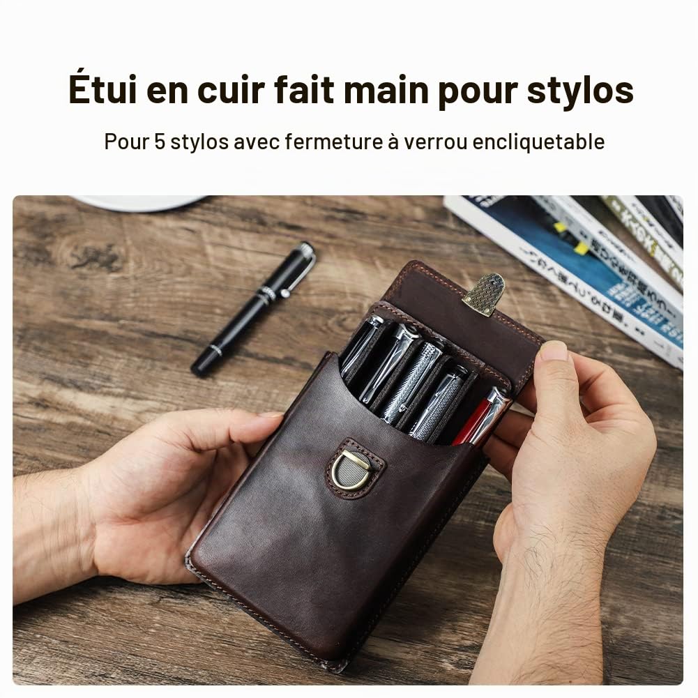 CONTACTS Étui à stylos vintage en cuir véritable pour 5 stylos, étui de protection pour voyage, accessoire de bureau élégant, boîte de rangement pour crayons