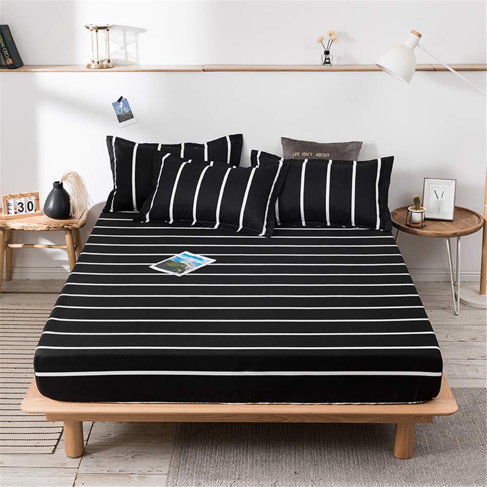 Chickwin Fitted Sheets Bedding Sheets with Deep Pocket 30cm for Single Double King Bed - Microfibre Soft Shrinkage Fade Resistant Easy Care (black strips,120x200+20cm)