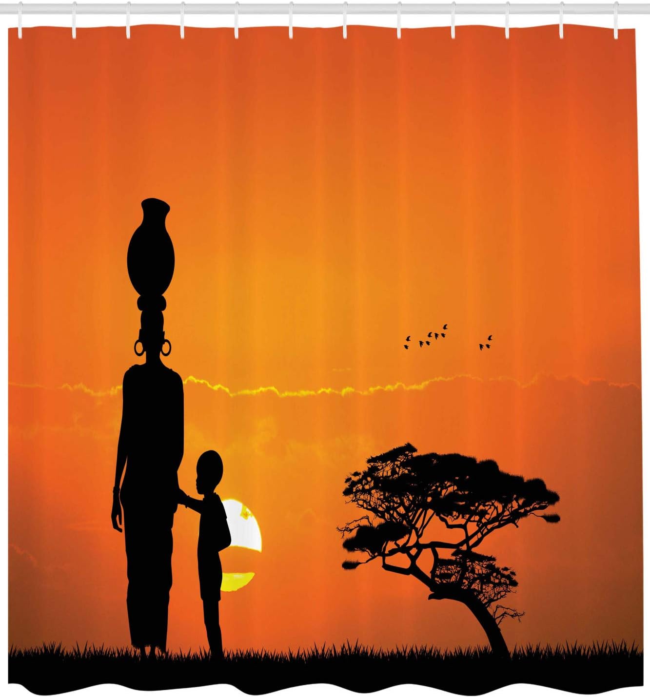 Ambesonne African Shower Curtain, and Mother at Sunset Walking in Savannah Desert Dawn Kenya Nature Image, Cloth Fabric Bathroom Decor Set with Hooks, 69" W x 75" L, Orange Black
