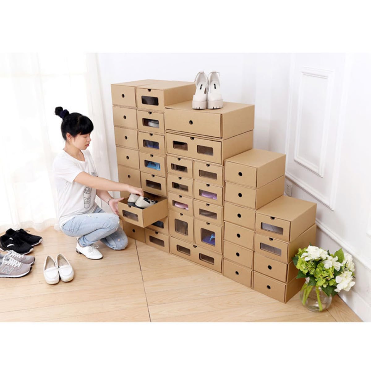 Juego de 6 cajas de almacenamiento de zapatos con ventana transparente para zapatos y accesorios de mujer, 30 x 21 cm, ideal para el hogar