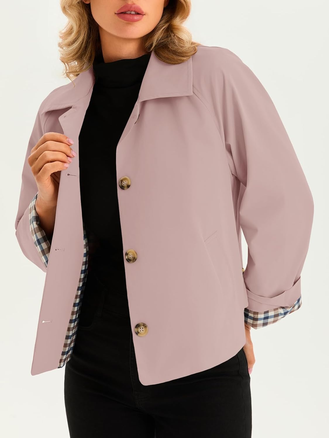 Tankaneo Womens Cropped Trench Coat Lightweight Single Breasted Jacket Fall Windbreaker Fashion Outerwear - Image 7