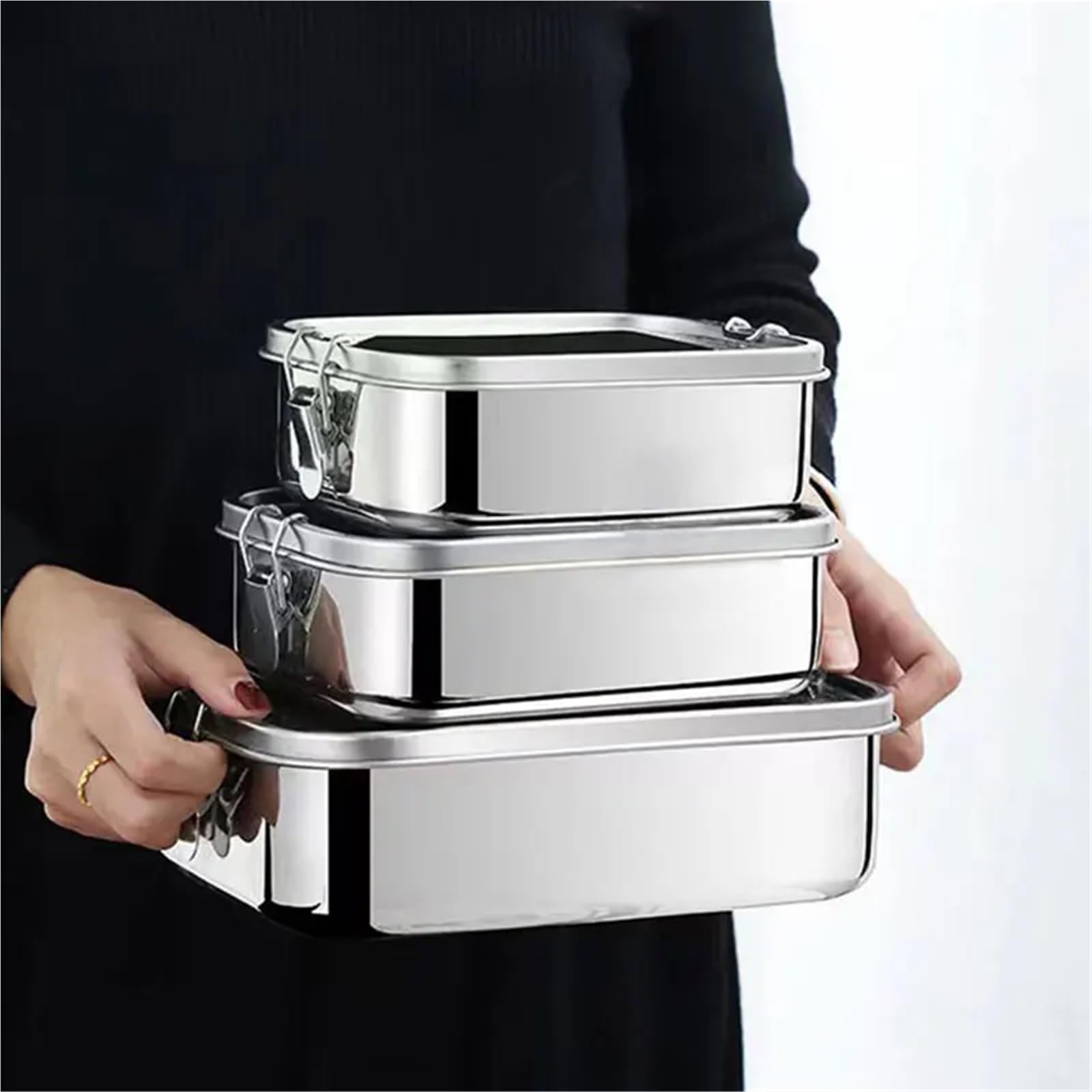 Fiambrera de acero inoxidable 304 con 1/2/3 rejillas, contenedor for alimentos, caja bento, compartimento for guardar refrigerios, fiambrera, utensilios cocina Meal Prep Containers(1200ML 2 Gird)