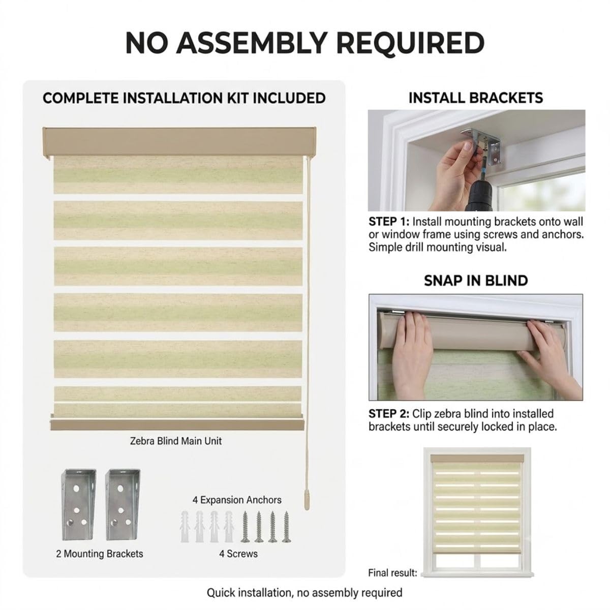 Store Enrouleur Jour Nuit à Visser, Rideau Zébré avec Perçage, Tamisant | Store Jour Nuit pour Bureau, Rideau Anti Froid pour Contrôle de la Lumière, Noir, 36x91cm(Nature,W91cmxH132cm)