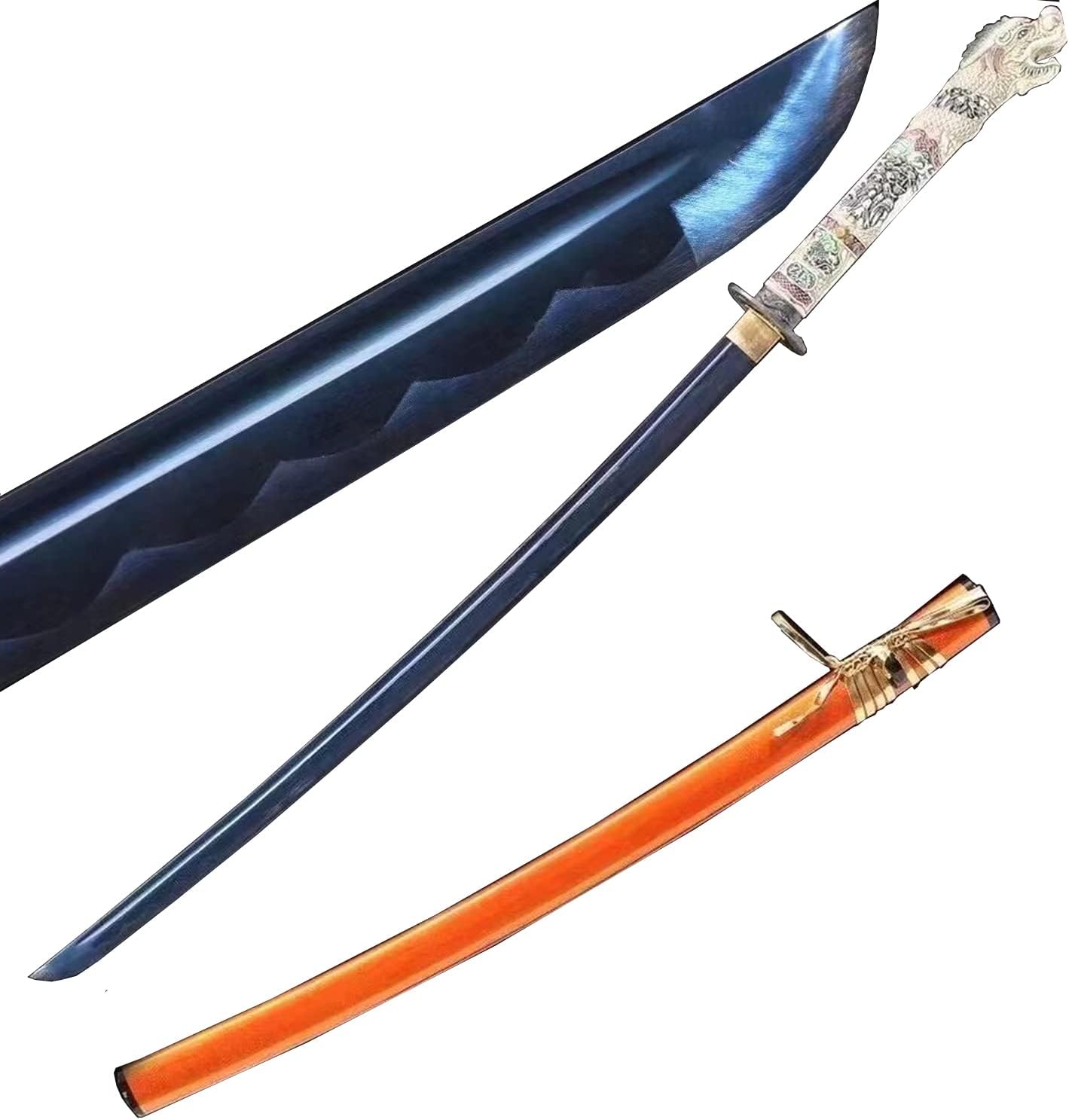 Highlander Dragon Katana Sword Handmade 1095 High Carbon Steel Blue Blade Samurai Sword Real Sharp Japanese Knives Battle Ready Cool Weapons for Men