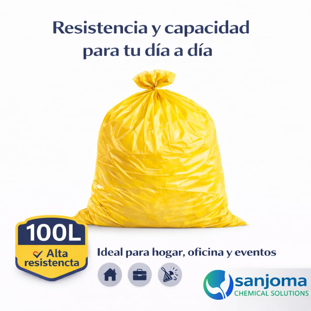Bolsas de Basura Amarillas 100L (85x105 cm), 20 Rollos | Galga 130 Extra Fuertes, Ecológicas, Compostables, 10 Bolsas por Rollo