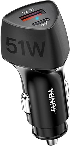 SUNDA Cargador rápido USB C de 51 W, puertos duales PD 30W y QC 3.0, cargadores de automóvil para teléfonos inteligentes Apple y cargador de coche