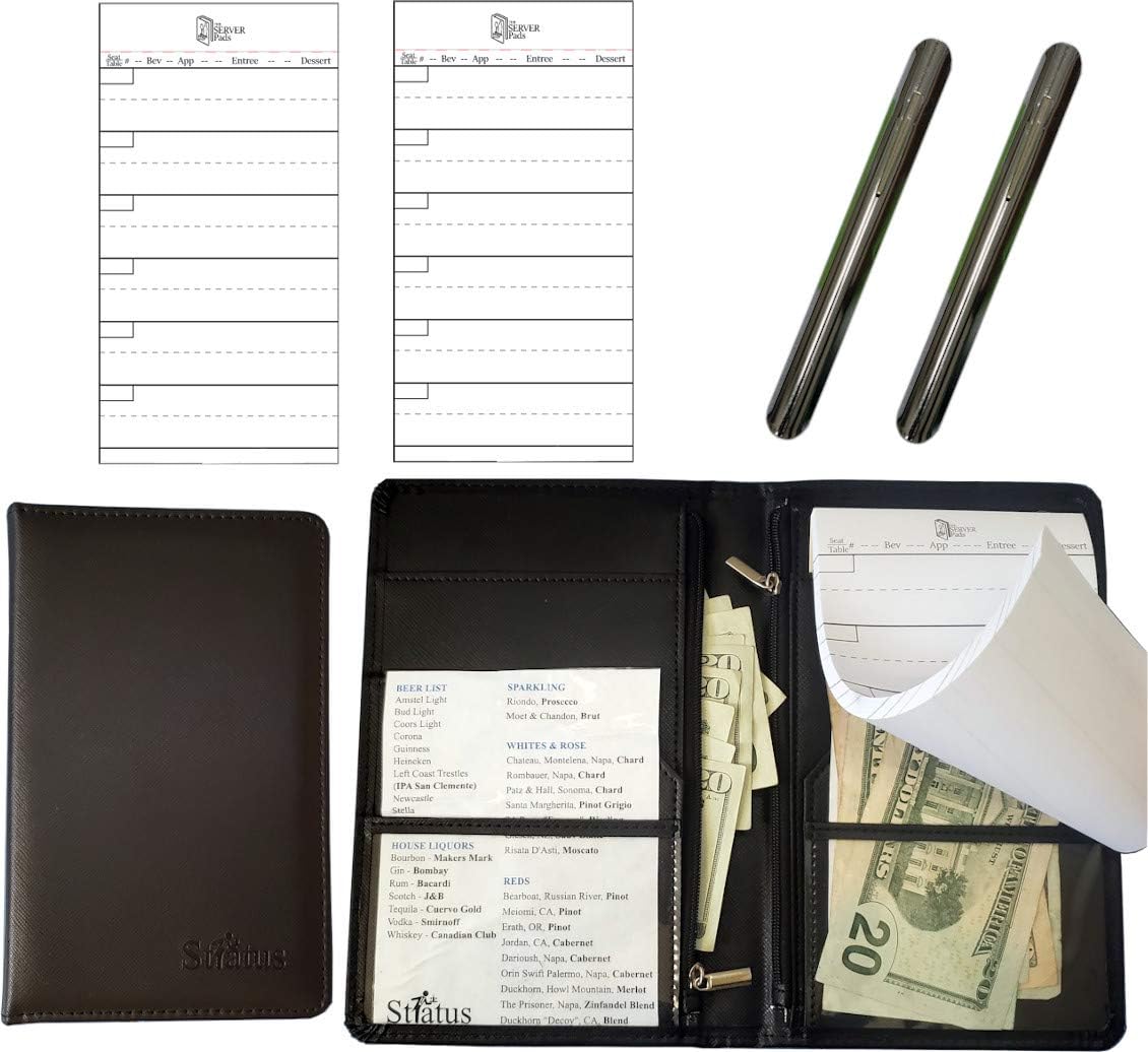 Stratus Starter Server Bundle with 2 Stainless Steel Table Crumbers, 1 Black Server Book for All Waitresses, Waiters, Bartenders and Cocktail, and 2 Order Pads (1-BK)
