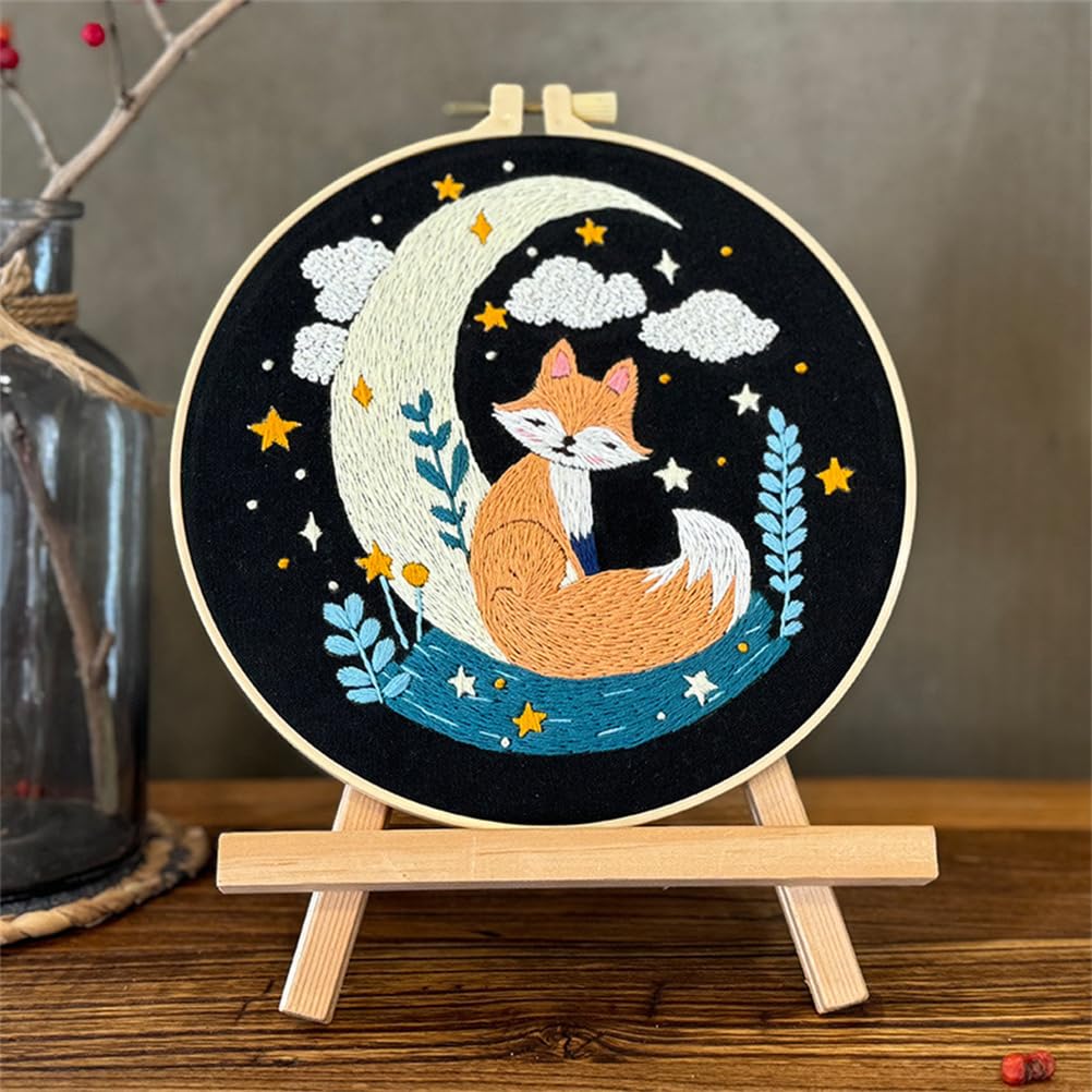 Meecaa Moon Fox Animal Embroidery Kit Starter Set, Hand Embroidery Set,Pattern Printed Cross Stitch Set For Beginner Adults, With Embroidery Hoop And Instructions (Moon)