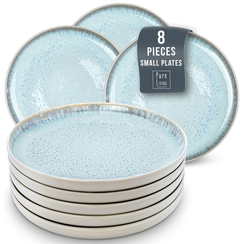 PURE LIVING INTERIOR DESIGN Small Dinner Plates Set of 8, 7.5" Stoneware Plates, Stylish Salad Plates, Dessert Plates Ceramic, Dishwasher and Microwave Safe Light Beige Blue Ceramic Plates