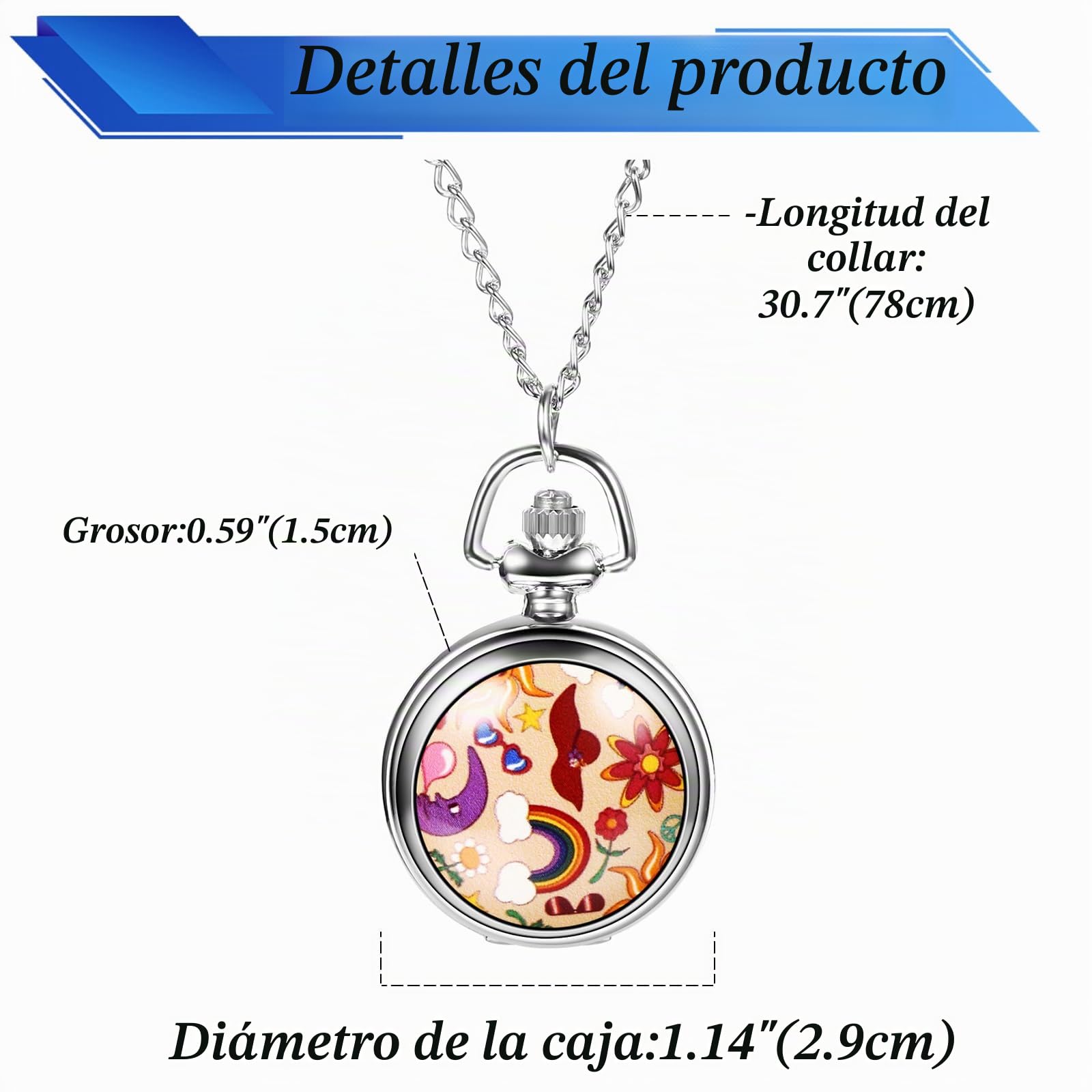 JewelryWe Reloj Bolsillo Moda Mujer: Reloj de Bolsillo de Cuarzo Analógico Girasol Arco Iris Decoración Patrón Cadena Jumper Esfera de Números Arabes - para Uso Diario Colección Regalo