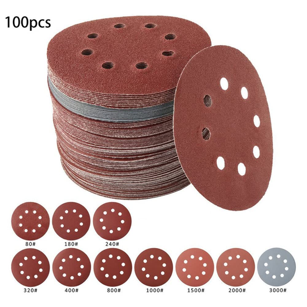 50/100PCS / Set Papel de lija Forma redonda 125mm Discos de lijado Gancho Bucle de papel de lija Hoja de pulido Papel de lija Almohadilla de pulido de 8 orificios, 100PCS, como se muestra