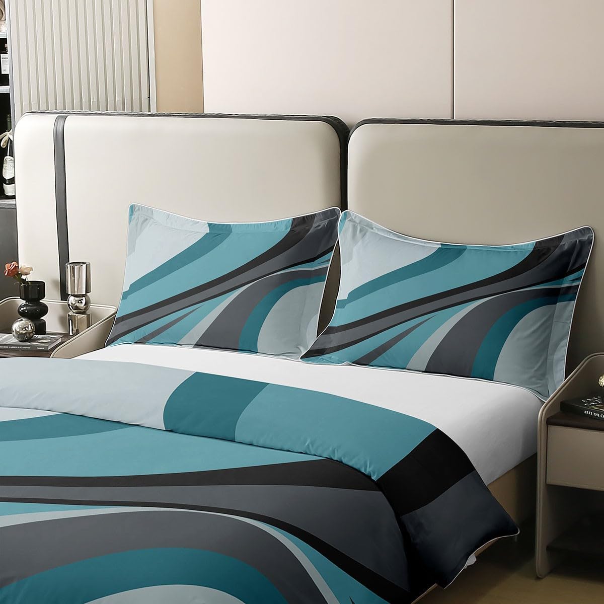 Erosebridal Modern Blue Gray 100% Cotton Duvet Cover King, Chic Turquoise Decor Bedding Set, Abstract Swirls Circles Comforter Cover, Lines Quilt Cover, Geometric Bedding for Kids Boys Men Room Decor