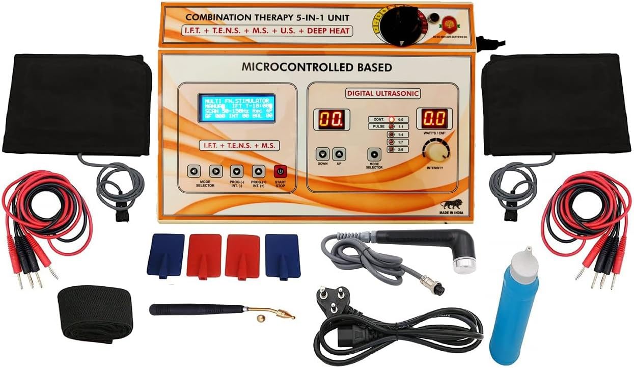 Physiotherapy 5 In 1 IFT MS Tens Ultrasound Deep Heat Machine Electrotherapy Combo for All Pain Relief Device Physiotherapy Equipment with 1 Year Warranty -