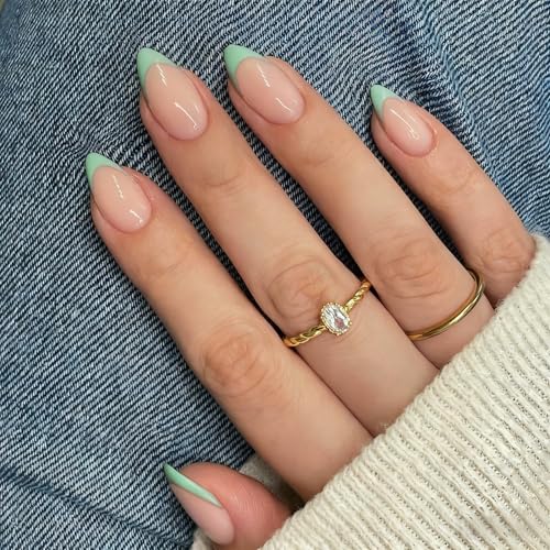 SXVME Press On Nails Short Almond, Sage Green French Tip Press On Nails with Glue for Women, Natural French Fake Nails Press ons in 15 Sizes - 30 Soft Gel Glue On Nails Kit, Realistic Look, Classic