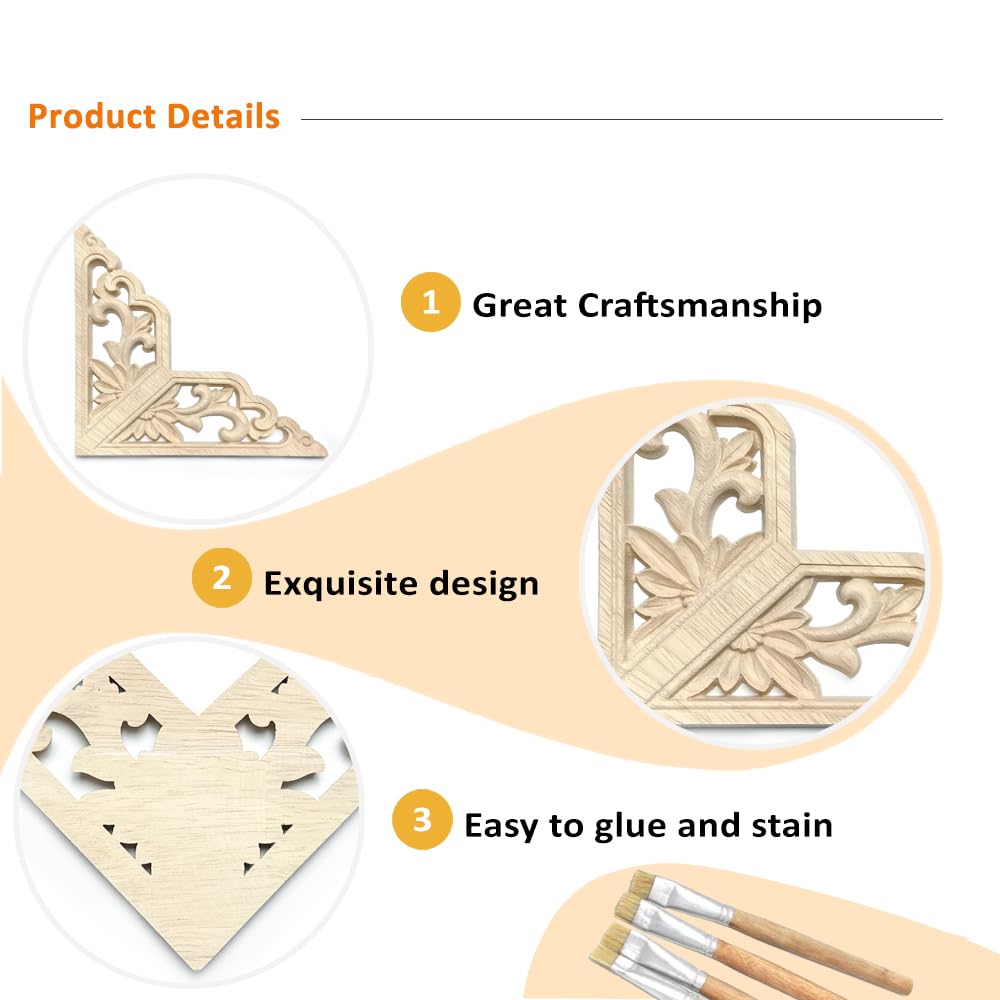 Aiminjey 20 Pcs Decorative Wood Flower Carved Appliques 2.4inch Corner Onlay DIY Unpainted Solid Wooden Carved Corner Decal for Furniture Wardrobe Mirror Photo Frame Closet Decoration (2.4inch)