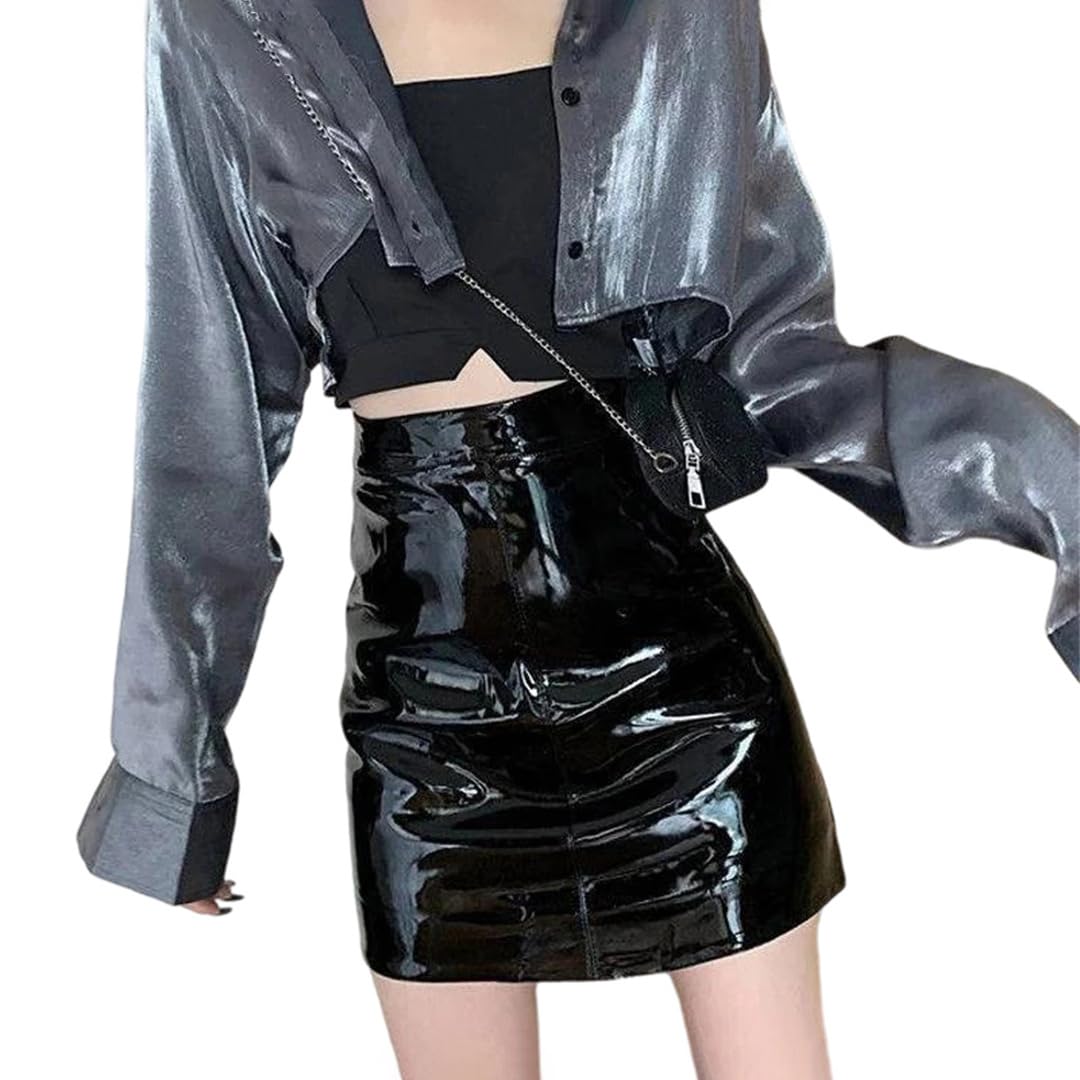 Kelsiop Falda de piel sintética para mujer, color negro, cintura alta, entallada, falda corta acampanada