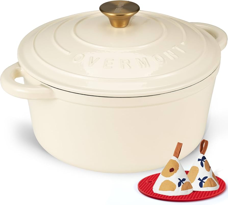 Overmont Enameled Cast Iron Dutch Oven - 5.5QT Pot with Lid Cookbook & Cotton Potholders - Heavy-Duty Cookware for Braising, Stews, Roasting, Bread Baking Cream White