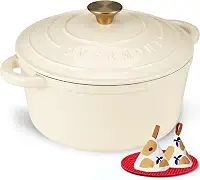 Overmont Panela Holandesa de Ferro Fundido Esmaltado 7 L com Tampa – Acompanha Livro de Receitas (sem garantia de versão em português) e Pegadores de Algodão – Panela Reforçada para Assados, Ensopados