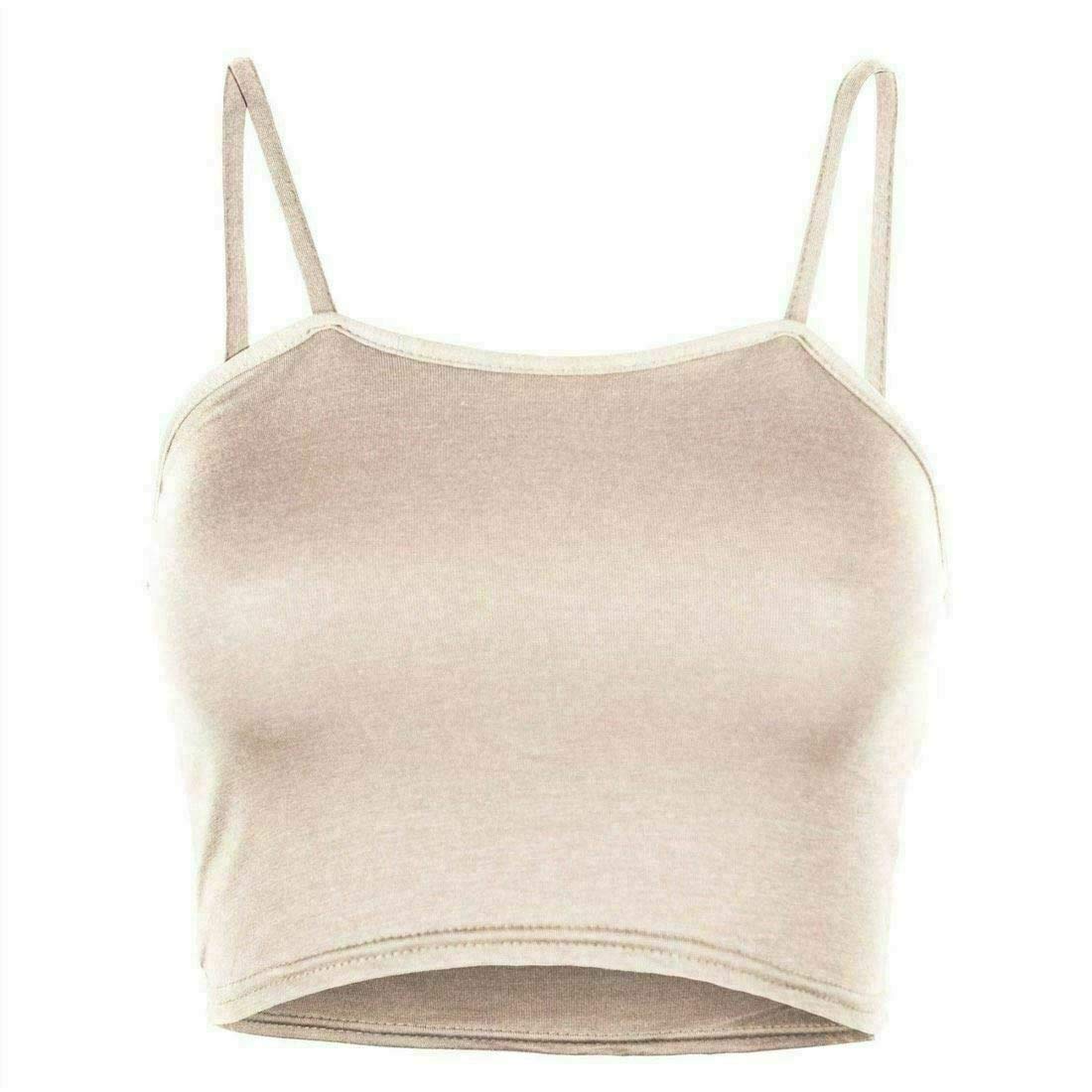 Womens Plain Strappy Sleeveless Cami Bra Top Ladies Summer Spaghetti Cropped Mini Bra Vest Top (Stone UK 12-14)