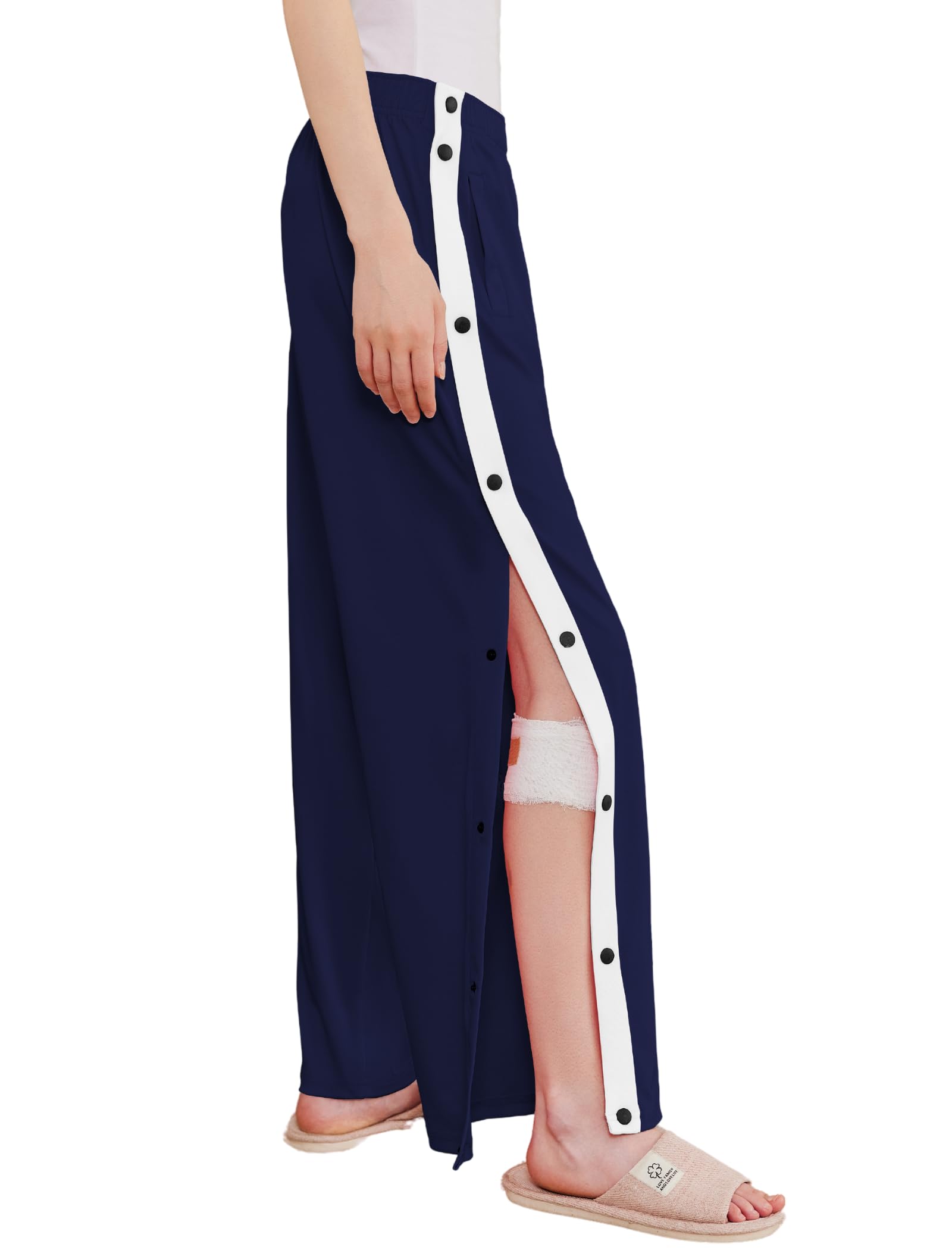 Deyeek Women's Tear Away Pants Side Split Snap Open Bottom Sweatpants Leg Breakaway Post Surgery Pants with Pockets