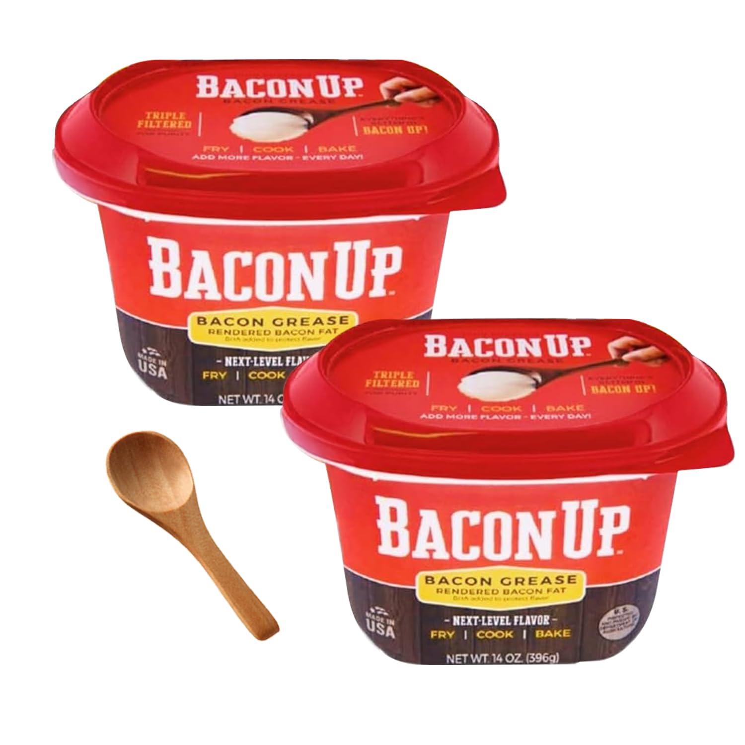 Bacon UpⓇ Bacon Grease for Cooking - 14 Ounce Tub of Authentic Bacon Fat for Cooking, Frying and Baking - Triple-Filtered for Purity, No Carbs, Gluten-Free and Shelf-Stable with Spoon - (2-pack)