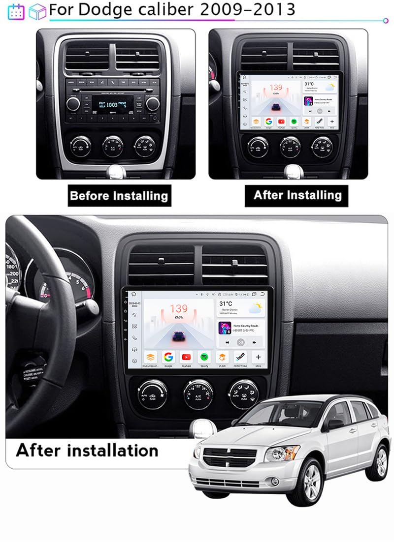 Android 15 Autoradio Multimediale con 9'' Screen per Dodge Caliber 2009-2013 Supporta la Navigatore GPS/DSP Stereo Auto/FM AM RDS Radio/Controllo del Volante/USB/Videocamera,4CoreWifi4G+64G