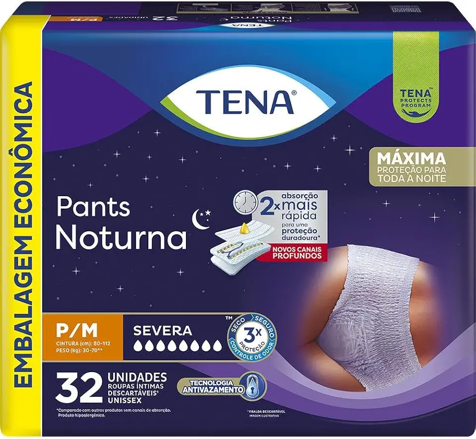 Tena Pants Noturna, Roupa Íntima para Incontinência Urinária, P/M - Embalagem econômica, 32 unidades