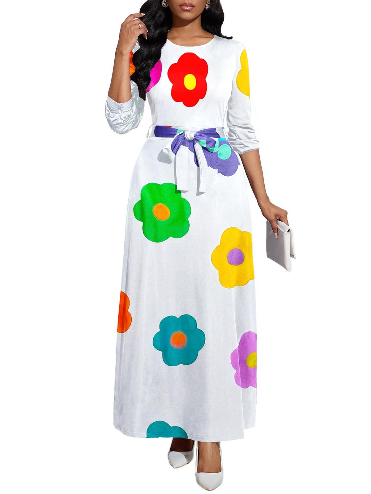 BubFee Long Dress for Women Casual Long Sleeve Dresses Maxi Dress Empire Waist Loose with Belt