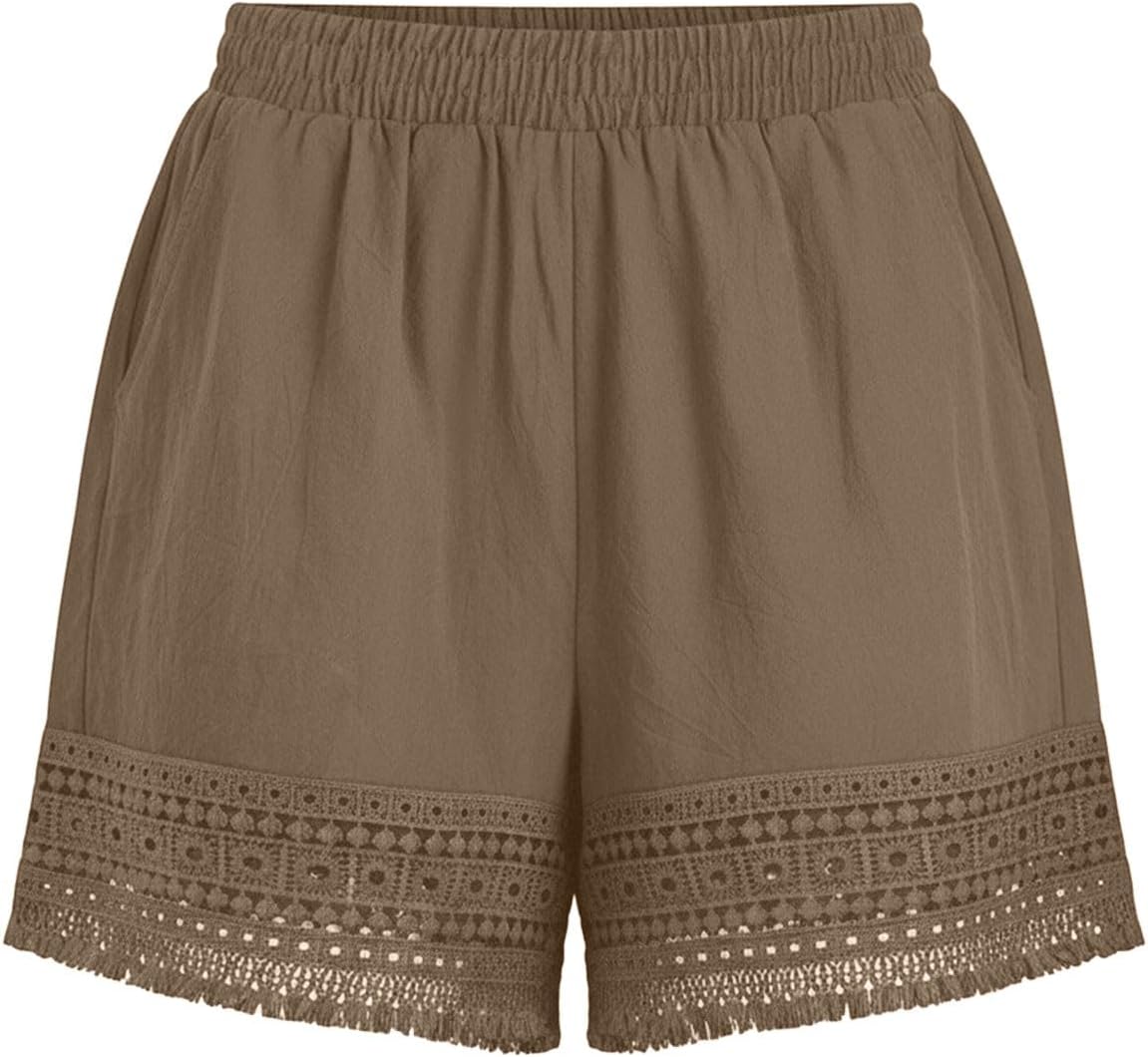 Women's Linen Shorts Casual Elastic Waist Lace Trim Lounge Pants Summer Loose Comfy Beach Trousers with Pockets