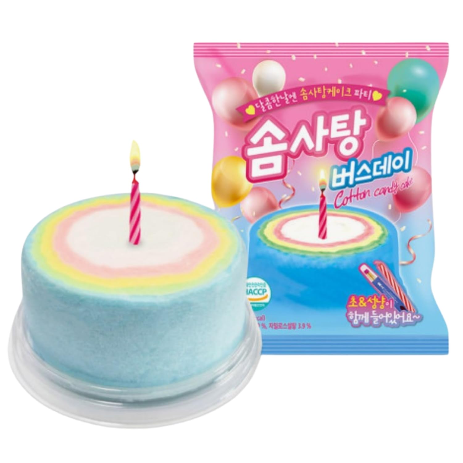 Birthday Rainbow Cotton Candy Cake, including 1 candle and safety matches, 4 flavors in one pack, Korean Cotton Candy, Birthday party celebration, Sweet treat for all ages, 25g bag (1-pack)