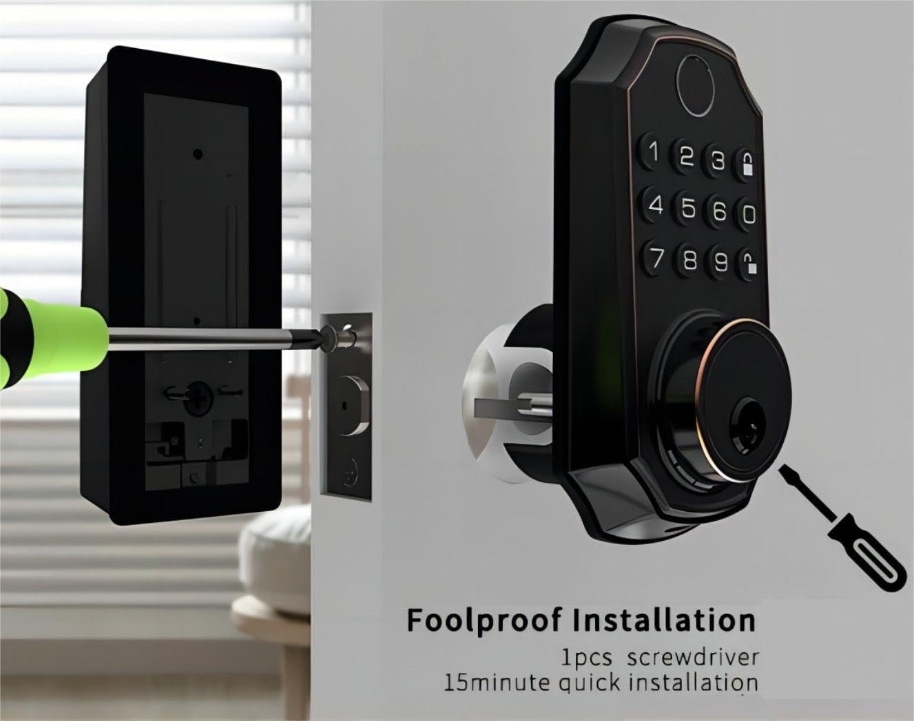 BULIST UD01S Smart Lock installation process, showing a screwdriver securing the exterior unit to the door.