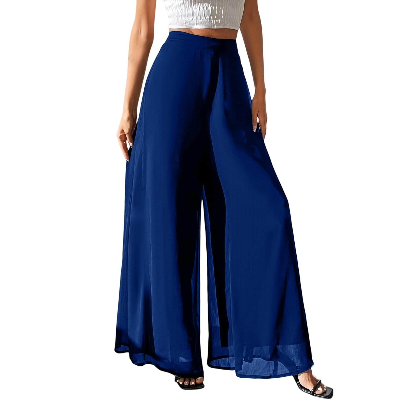 Chiffon Palazzo Pants for Women Casual Elastic Waist Double Layer Dressy Pants Boho Flowy Flare Wide Leg Trousers
