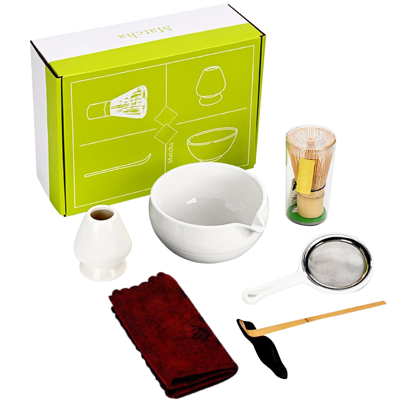 Matcha Whisk Set Ceramic Matcha Whisk Reusable Set Elegant Kit Includes Bowl with Spout Holder, Sifter, Cloth, Stand and Spoon for Tea Lovers, White