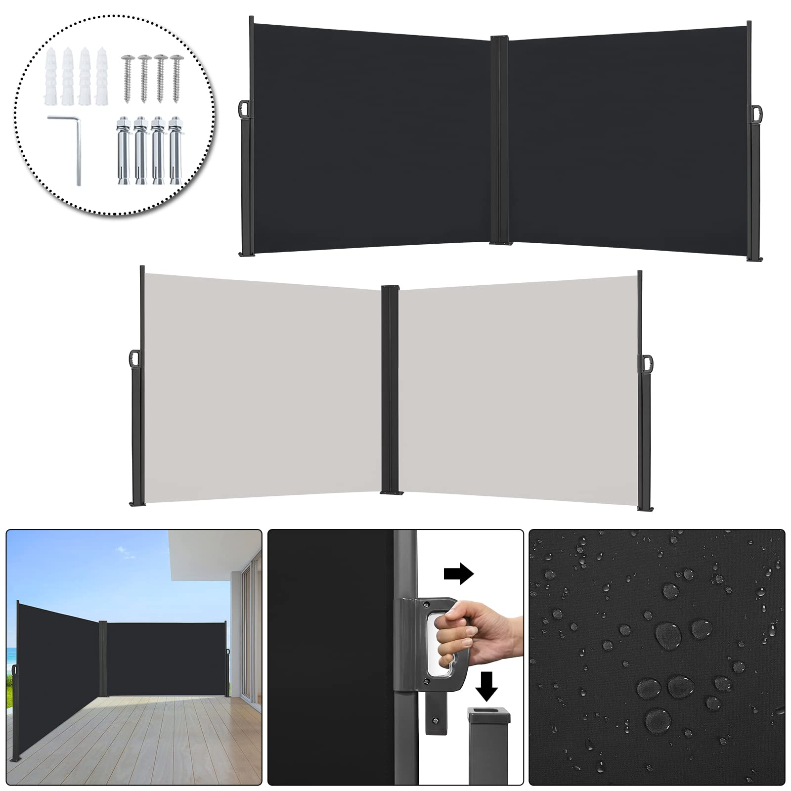 UISEBRT 180 x 600 cm, podwójna markiza boczna, wysuwana, ochrona przed słońcem, na balkon, taras, do ogrodu, antracytowa