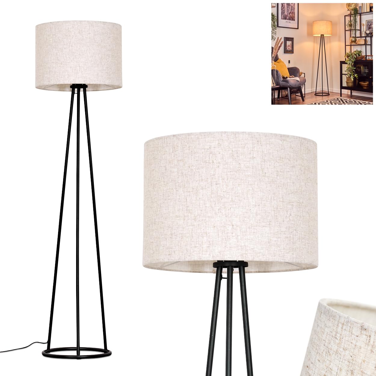 Stehleuchte Bassagoda, Stehlampe aus Metall/Stoff in Schwarz/Beige, Leuchte im modernen Design mit rundem Schirm (Ø 40 cm) u. Fußschalter, Höhe 152 cm, 1 x E27, ohne Leuchtmittel