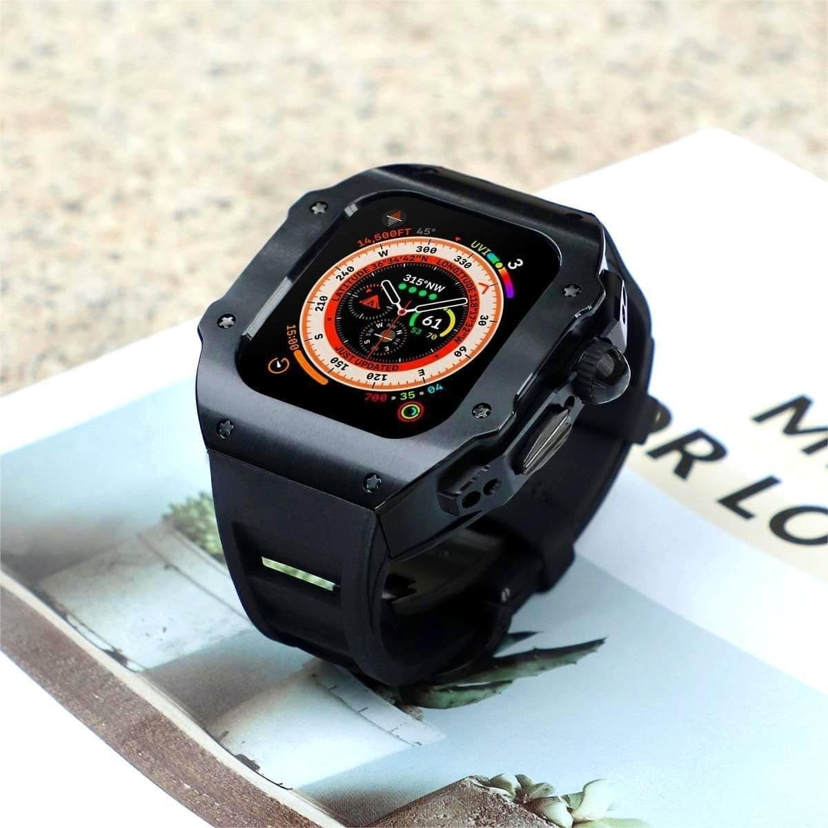 44 mm 45 mm obudowa zegarka ze stali nierdzewnej gumowy pasek do zegarka, luksusowy sportowy pasek do zegarka etui zestaw modów, do Apple Watch 9 8 7 6 5 4 SE akcesoria zamienne