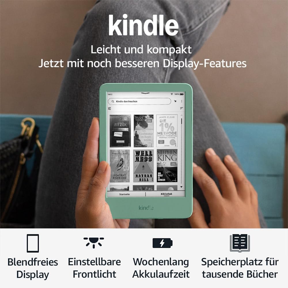 Amazon Kindle (16 GB) – Lightest and most compact Kindle with glare-free display, faster page turns, adjustable front light and long battery life – Without Ads – Matcha green
