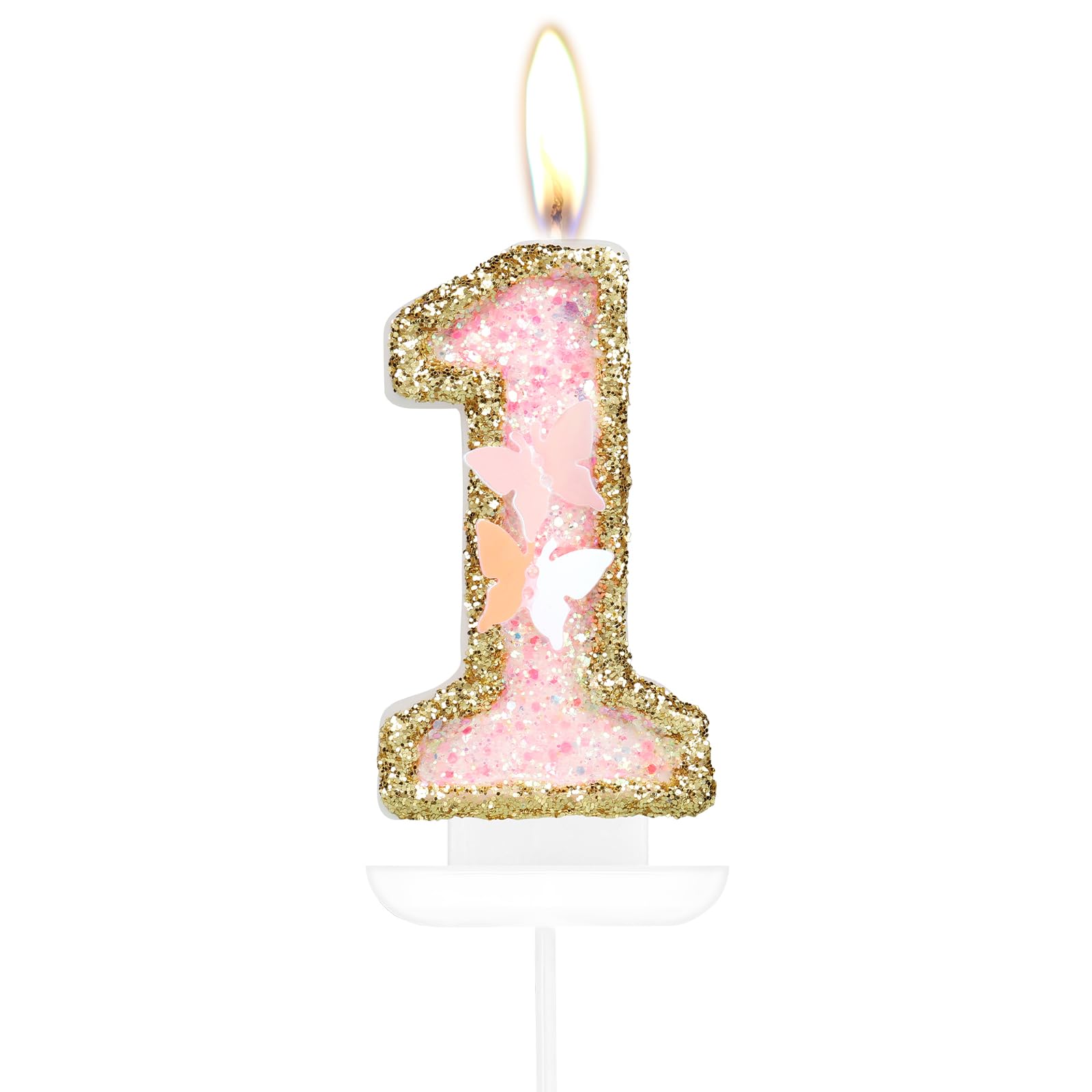 mciskin Velas de mariposa número 1 de feliz primer cumpleaños, velas de oro rosa para tartas, decoración de pastel de primer cumpleaños para niñas, decoración de pastel
